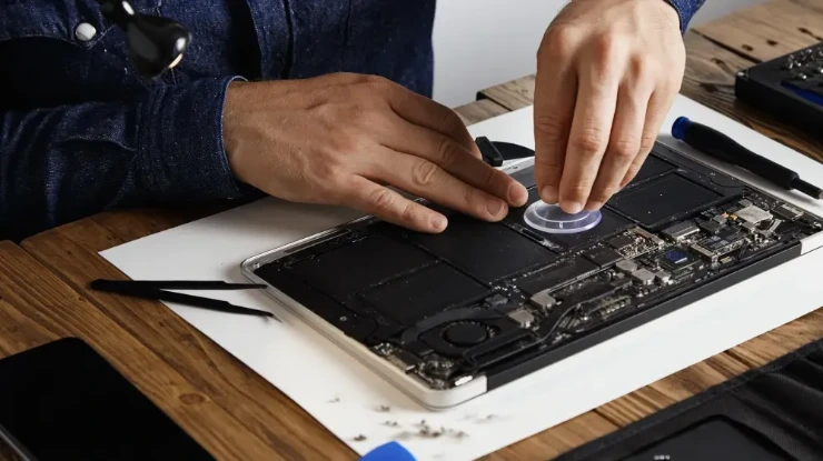 Technicien réalisant upgrade SSD et nettoyage thermique pour prolonger la durée de vie d'un parc informatique.